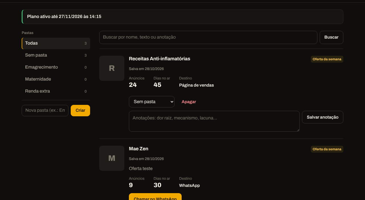 Minhas ofertas organizadas em pastas
